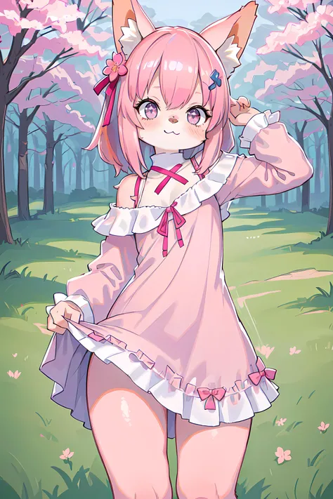 1girl, (furry:0.7), pink hair, pink eyes, white hairpin, fox ears, pink skin, digital art, luminous pupils, <lora:add_detail:0>, render, she's happy, pink dress, kawaii, (she pulls up her dress:1.5), looking at viewer, pink forest, sakura tree