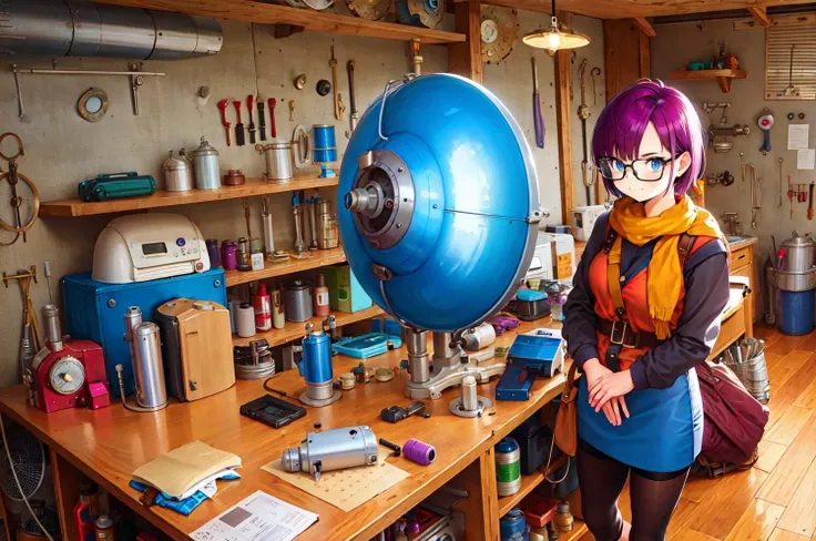 <lora:lucca:0.8> , 1girl , blue eyes , glasses, purple hair, , short hair, chrono trigger, lucca, bike shorts, scarf, 1990s (style) , workshop , tools , garage , low lights , oil canister , ratchet , machines , robots , fantasy