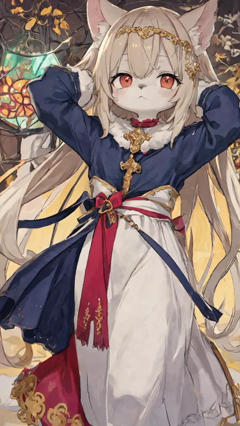 (Doe anthro furry female Virgin Mary:1.1), adult and graceful, wrapped in a flowing robe, Posture of standing with arms open, radiating a sense of calm and grace BREAK Hair replaced with a soft fur coat, colored a gentle brown, Face reflecting kindness and compassion, <lora:LessHighlightEyes:-0.5>, Eyes filled with an endless depth of understanding and love, Ears subtly raised, adding to the graceful silhouette BREAK Body cloaked in a flowing, intricate robe, colors soft and soothing, Upper portion of the robe delicately draped over her body BREAK Legs firmly grounded, yet maintaining a sense of lightness, The lower portion of the robe cascading down, covering her legs BREAK Tail subtly visible, matching the soft color of her fur BREAK Right hand delicately holding prayer beads, good and nice hands <lyco:GoodHands-beta2:1.0> Left hand gently extended in a welcoming gesture, BREAK Foreground featuring a soft halo, glowing gently behind her head, Background filled with a radiant golden light, enhancing the overall sense of serenity BREAK Art effects reflecting the grace and calm of the character, Art style inspired by Byzantine Art and Stained Glass techniques, channeling the works of Andrei Rublev and Fra Angelico, Camera angle providing an eye level view, facilitating a sense of connection with the character BREAK Imagine the gentle doe as Virgin Mary, her calm demeanor and kind eyes exuding a deep sense of comfort and faith, Quality of illustration to capture the intricate details, play of light, and radiant colors of the scene. ultra detailed masterpiece art