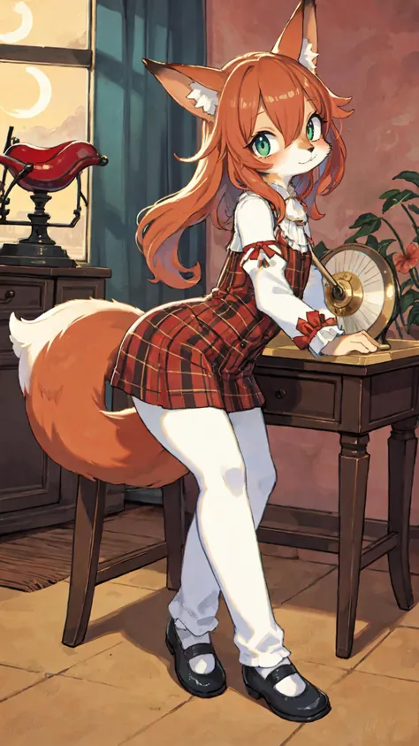 Young anthropomorphic fox girl, furry vibrant orange fluffy bodyfur, cute and adorable anthro fox arms and legs, long bushy fox tail, Casually leaning against an old gramophone with a vintage vinyl record in her hands. BREAK Short, wavy auburn hair, Gentle face with a soft, nostalgic smile, <lora:LessHighlightEyes:-0.5>, Bright emerald eyes with a touch of longing, Pointed, upward-facing fox ears BREAK Petite body, Wearing a (vintage plaid dress:1.1) typical of the (1930s:1.2) BREAK Svelte fox legs, Wearing white (knee-high socks:1.1) and classic black Mary Jane shoes BREAK Long bushy (fox tail:1.1) adorned with a neatly (tied bow:1.1) BREAK Good and nice hand <lyco:GoodHands-beta2:1.0>, Hand delicately holding a vinyl record, BREAK In a room filled with 1930s decor, old gramophone, View of a cityscape in the 1930s through a nearby window BREAK Golden sunset lighting casting warm hues, Art style reminiscent of Norman Rockwell, Camera angled for a medium shot, slightly low angle BREAK (Retro style:1.5), A young anthropomorphic fox girl reminiscing the jazz era in a nostalgic (1930s American:1.1) setting, High resolution, vintage-realistic illustration.