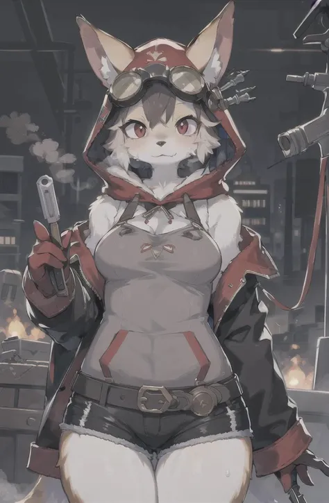 ((masterpiece, best quality)), mature female, furry, tail, animal ears, bodyfur, wet clothes, sweat, shorts, hood, hammer and sickle, bare shoulders, screwdriver, steam, steampunk, blacksmith, tomboy, goggles, glowing, tool belt, tools, machinery, crane \(machine\),