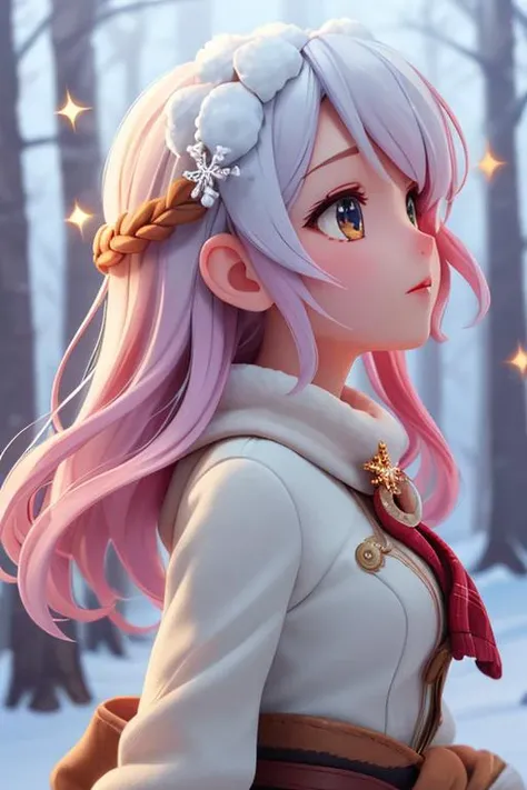 1girl, gradient hair, detailed clothes, winter forest, snowflake, soft cinematic light, elegant, highly detailed, faded, hires, backlighting, face focus, sparkle, from side, looking up