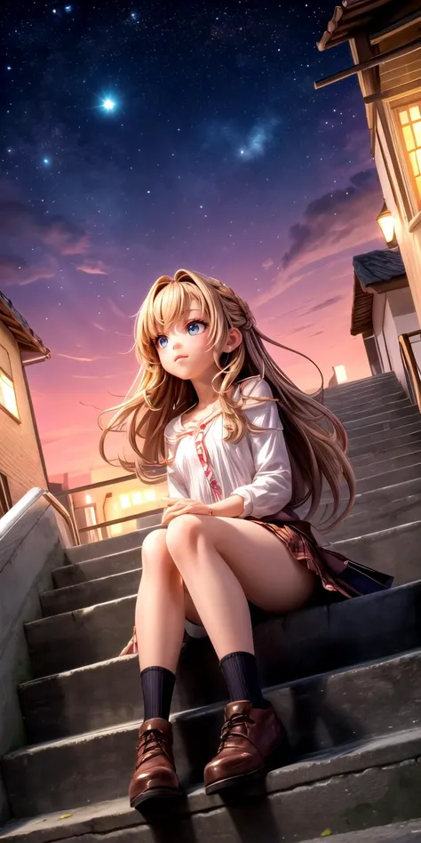 starry sky, stars, stairs, city, building, wide shot, 1girl, solo, long brown hair, skirt, sitting, from below, dutch angle, depth of field <lora:add_detail:1>