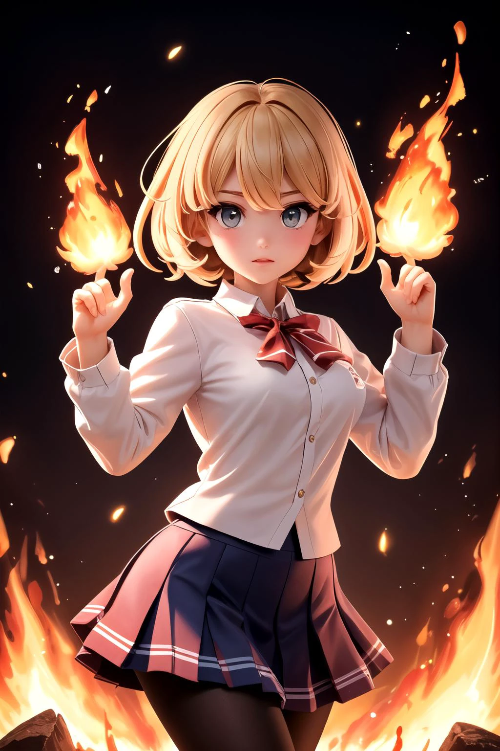 best quality, dramatic, bob hair, school uniform, hands up, fire flames from self hand, flames on hand, 1girl, dynamic, elements, fire , flames