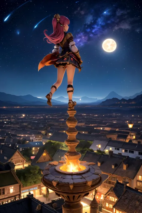 ((1girl, solo)), fantasy, crowd, ancient city ruins, multiple stalls and marchants on either side, travelers, market, overhead shot, wide shot, from behind, night, dark, stars, big moon, super moon