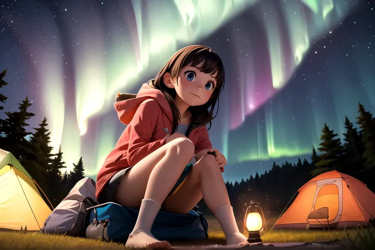 1girl, solo, aurora, night sky, camping tent, camping light, sitting on ground, from below, outdoor, face focus, fisheye lens