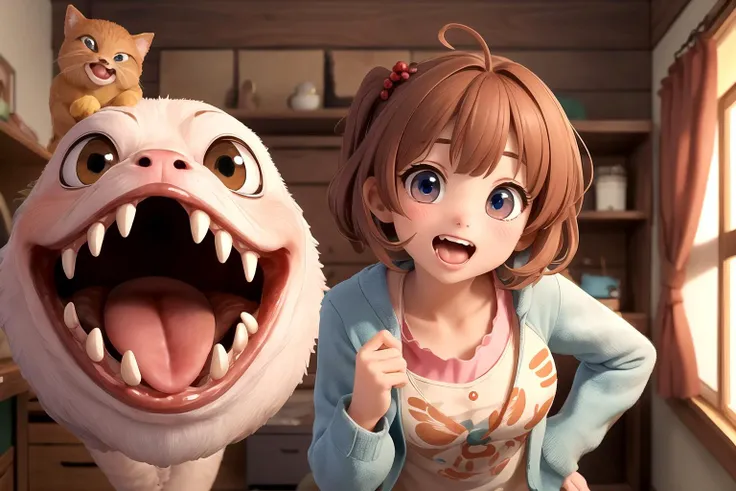 1girl, cute, open mouth, tongue out, surprised, wide-eyed, in the room, horror, animals, monsters