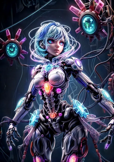 mechanical girl, cowboy shot, transparent crystal skin, transparent head, transparent crystal face, glowing transparent body, ((colorful mechanical gears in the body)) , fractal art, rainbow color body, many electronic lights in the body, glowing eyes, cyberpunk background, mirror reflection imagery, illumination, cold colors, neon details, machanical limbs, mechanical vertebra, mechanical cervial, wires and cables connecting to head <lora:add_detail:2>