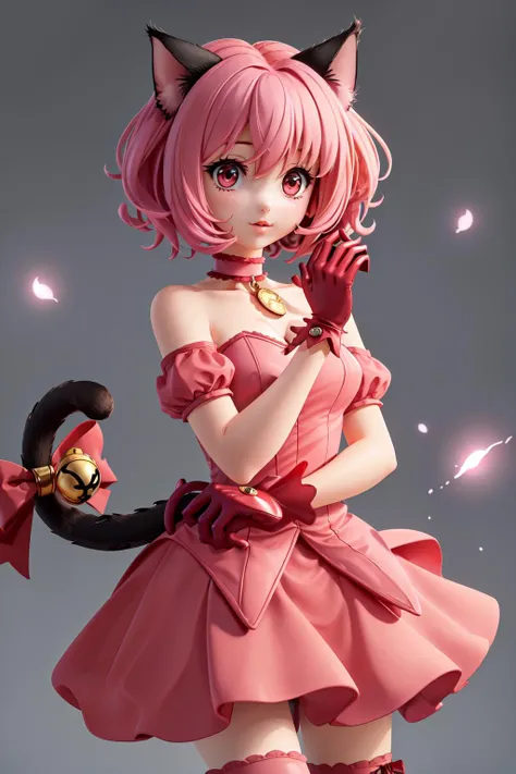 1girl, solo, mi1, tail ornament, tail bow, gloves, cat tail, red gloves, tail bell, choker, detached sleeves, pink dress, dynamic angle, <lora:momomiya_ichigo_v2:0.7>, masterpiece, best quality, highres,