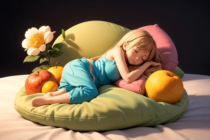 fruits, flowers, colorful, colorful background, forest, bird, butterfly, 1girl, cute, sleeping, eyes closed, (freckles:0.2), lying on bed, head on pillow, bedroom, detailed background, indoor, hires, (photorealistic:1.4), (in the dark, deep shadow,low key:1.1), diffused natural skin glow, diffused dark light, wide shot