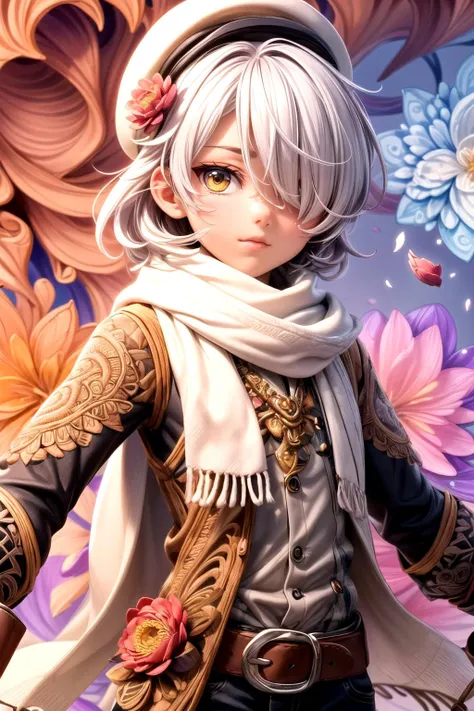 1boy, face focus, hat, white scarf, hair over one eye, gloves, white hair, belt, brown gloves, extremely detailed, (zentangle, fractal art:1.3), (many colors, colorful:1.1), (petals, flowers:1.3), dynamic pose <lora:add_detail:1>