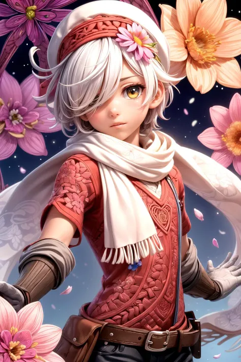 1boy, face focus, hat, white scarf, hair over one eye, gloves, white hair, belt, brown gloves, extremely detailed, (zentangle, fractal art:1.3), (many colors, colorful:1.1), (petals, flowers:1.3), dynamic pose <lora:add_detail:1>