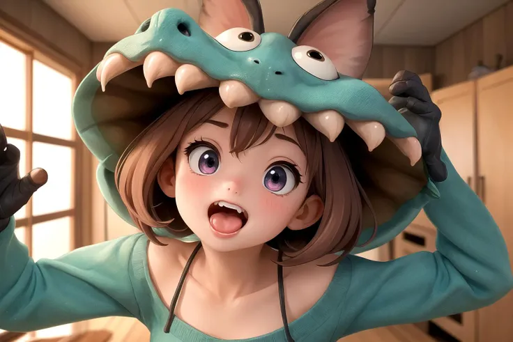 1girl, cute, open mouth, tongue out, surprised, wide-eyed, in the room, horror, animals, monsters
