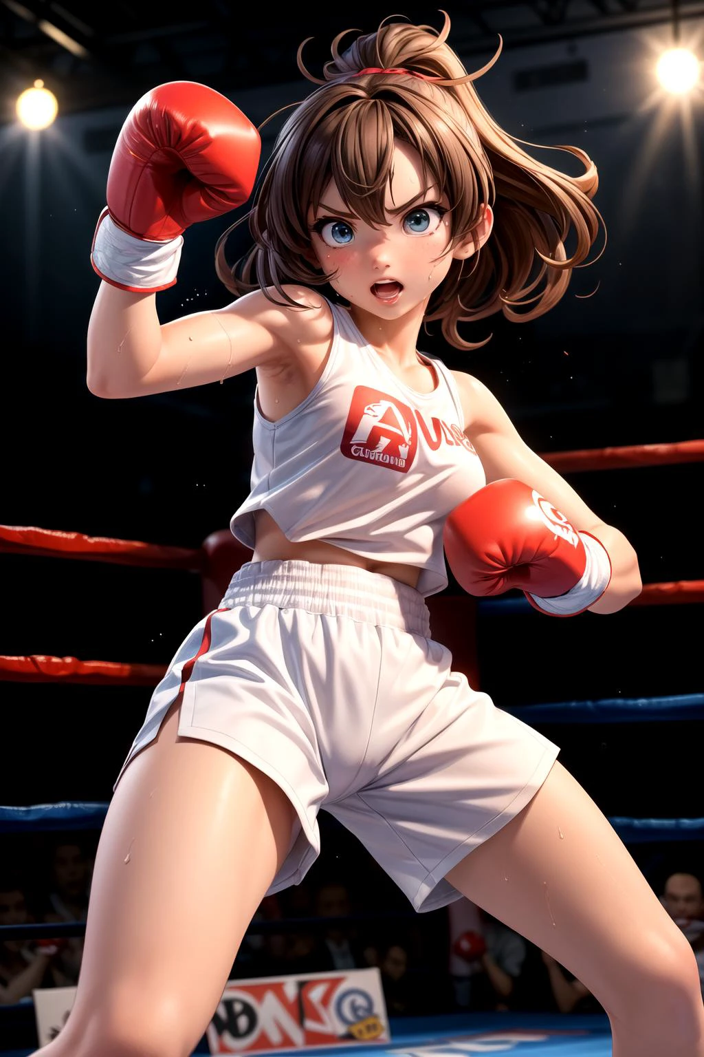 1girl, boxing matches, boxing gloves, sweat, rings, audience, uppercut, fierce look, fighting pose <lora:add_detail:0.6>
