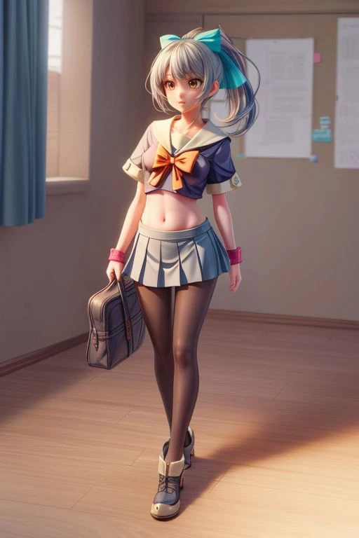 yuubari, ponytail, hair bow, school uniform, serafuku, bowtie, short sleeves, pleated skirt, pantyhose, midriff, (masterpiece, best quality, ray tracing, volumetric lighting, ssao shadows, detailed, intricate),((full body)) <lora:add_detail:1> <lora:kancolle_yuubari:1>