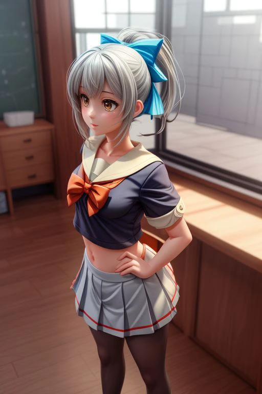 yuubari, ponytail, hair bow, school uniform, serafuku, bowtie, short sleeves, pleated skirt, pantyhose, midriff, (masterpiece, best quality, ray tracing, volumetric lighting, ssao shadows, detailed, intricate),((full body)) <lora:add_detail:1> <lora:kancolle_yuubari:1>