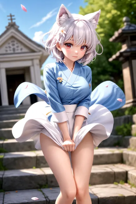 <lora:skirt_tug_v0.1:1.6> ((clothes tug, wind lift, skirt tug)), fox girl, short hair, white hair, wolf ears, red eyes, long sleeves, white kimono, white skirt, fox tail, diffused sunlight, depth of field, light particles, strong wind, blue sky, shrine, stone stairs, falling flower petals, face focus, <lora:add_detail:1>