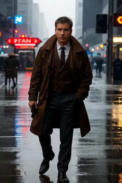 <lora:deckard-dck:0.9>, realistic photo of dck, a man, brown jacket, shirt and tie, holding a gun, (masterpiece:1.0), (best quality:1.0), (intricate details), (rainy:1.2), cloudy, cyberpunk, volumetric lighting, cinematic, futuristic, neon