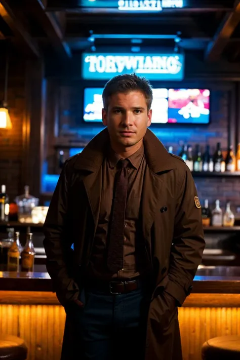 <lora:deckard-dck:0.9>, realistic photo of dck, a man, brown jacket, shirt and tie, standing in a bar, (masterpiece:1.0), (best quality:1.0), (intricate details), (rainy:1.2), cloudy, cyberpunk, volumetric lighting, cinematic, futuristic, neon