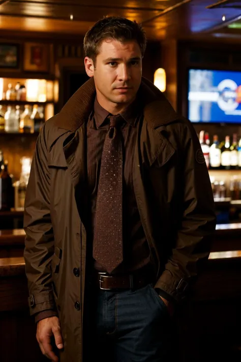 <lora:deckard-dck:0.9>, realistic photo of dck, a man, brown jacket, shirt and tie, standing in a bar, (masterpiece:1.0), (best quality:1.0), (intricate details), (rainy:1.2), cloudy, cyberpunk, volumetric lighting, cinematic, futuristic, neon