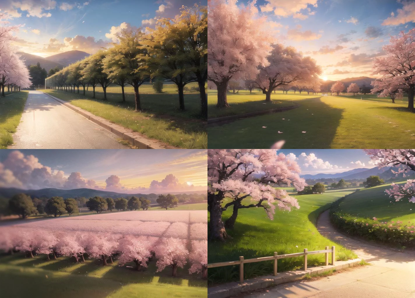 masterpiece, highres, landscape, orchard, cherry blossoms, sunset, cloud, long shadows, detailed shadows