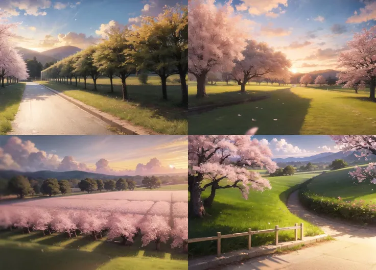 masterpiece, highres, landscape, orchard, cherry blossoms, sunset, cloud, long shadows, detailed shadows