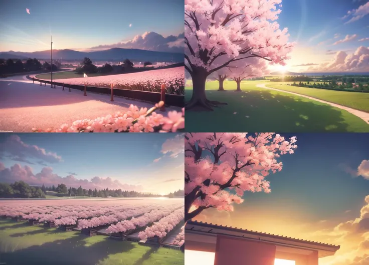 masterpiece, highres, <lora:strongbana-09:1> strongbana, landscape, orchard, cherry blossoms, sunset, cloud, long shadows, detailed shadows