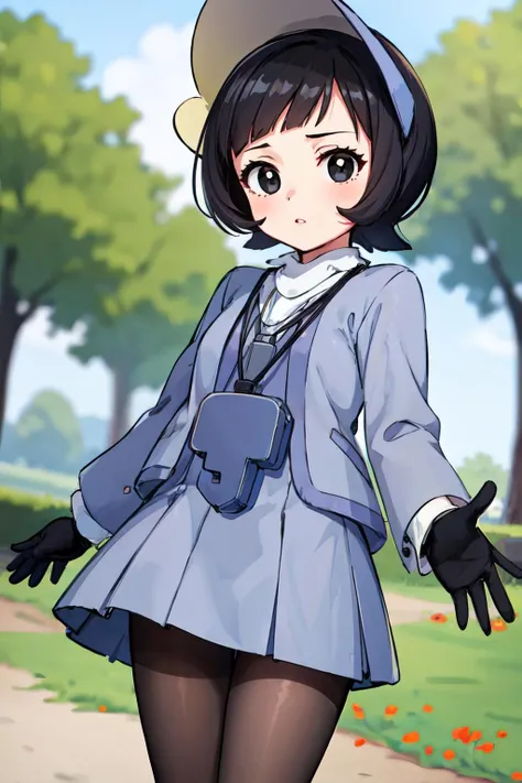 1girl, poppy, short hair, gloves, dress, long sleeves, black gloves, bonnet, cardigan, pantyhose, necklace, black eyes, grey cardigan, in a park, arms behind, masterpiece, best quality, detailed   <lora:poppy:0.7>