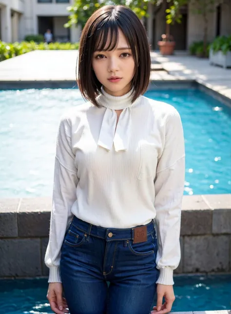 best quality, photorealistic, 8k, high res, 1girl, woman, (skindentation), (portrait:0.6), gorgeous, ((poolsidebackground:1.65)), ((jeans, highneck-sweater:1.75)), straight-looking at viewer:1.8, (1girl eyes looking at viewer, short-length straighthair, black hair, partedbangs:1.65), photorealistic, (bokeh), (smile:1.1), (closed mouth:1.66), gorgeous, pureerosface_v1, <lora:AVID-remu:0.65>