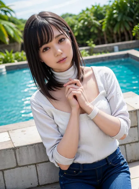 best quality, photorealistic, 8k, high res, 1girl, woman, (skindentation), (portrait:0.6), gorgeous, ((poolsidebackground:1.65)), ((jeans, highnecksweater:1.9)),  straight-looking at viewer:1.8, (1girl eyes looking at viewer, short-length straighthair,  black hair, partedbangs:1.65), photorealistic, (bokeh), (smile:1.1), (closed mouth:1.66), gorgeous, pureerosface_v1, <lora:AVID-remu:0.75>