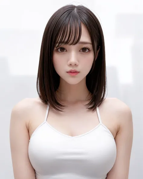 best quality, photorealistic, 8k, high res, 1girl, woman, (skindentation), (portrait:0.6), gorgeous, ((whitebackground:1.82)), ((sleeveless white tshirt, smallsize round breast:1.25)), straight-looking at viewer:1.8, (1girl eyes looking at viewer, medium-length hair, brownhair, partedbangs:1.65), photorealistic, (bokeh), (closed mouth:1.46), gorgeous, pureerosface_v1, <lora:AVID-remu:0.65>