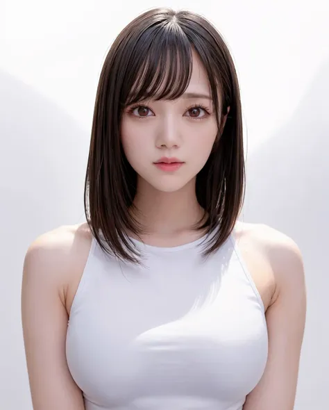 best quality, photorealistic, 8k, high res, 1girl, woman, (skindentation), (portrait:0.6), gorgeous, ((whitebackground:1.82)), ((smallsize round breast, sleeveless white tshirt:1.75)), straight-looking at viewer:1.8, (1girl eyes looking at viewer, medium-length hair,  brownhair, partedbangs:1.65), photorealistic, (bokeh), (closed mouth:1.46), gorgeous, pureerosface_v1,  <lora:AVID-remu:0.75>