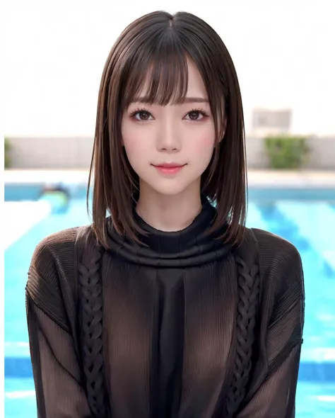 pureerosface_v1:0.05, best quality, photorealistic, 8k, high res, 1girl, woman, (skindentation), (portrait:0.6), gorgeous, dynamicpose, ((poolsidebackground:1.6)), ((necksweater:1.79)), straight-looking at viewer:1.8, (1girl eyes looking at viewer, medium-length hair, brownhair, sweptbangs:1.45), (bokeh), smile:1.2, (closed mouth:1.16), <lora:AAV-remu:0.65>