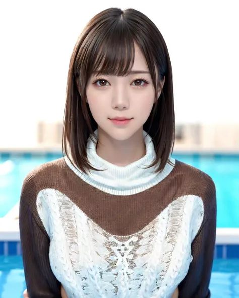 pureerosface_v1:0.05, best quality, photorealistic, 8k, high res, 1girl, woman, (skindentation), (portrait:0.6), gorgeous, dynamicpose, ((poolsidebackground:1.6)), ((necksweater:1.79)), straight-looking at viewer:1.8, (1girl eyes looking at viewer, medium-length hair, brownhair, partedbangs:1.45), (bokeh), smile:1.2, (closed mouth:1.16), <lora:AAV-remu:0.65>