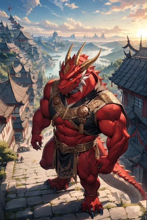 from font body,best quality,(masterpiece,ultra detailed 8k art),dragon,(fantasy,royalty),horns,handsome, golden eyes, looks at the viewer,noble costumes,1 dragon tail,Shiny scales, dignity,(anthro:1.5),(red body,dragon king male:1.25),best hands,China, from above, castle town,crowd, dawn,valley,Huge body