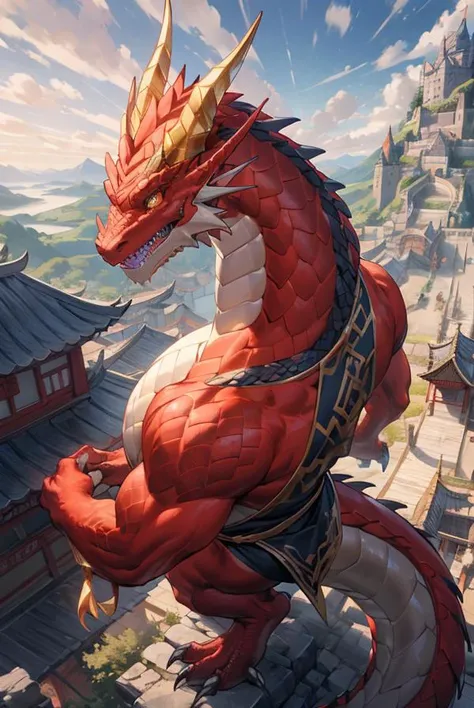 from font body,best quality,(masterpiece,ultra detailed 8k art),dragon,(fantasy,royalty),horns,handsome, golden eyes, looks at the viewer,noble costumes,1 dragon tail,Shiny scales, dignity,(anthro:1.5),(red body,dragon king male:1.25),best hands,China, from above, castle town,crowd, dawn,valley,Huge body