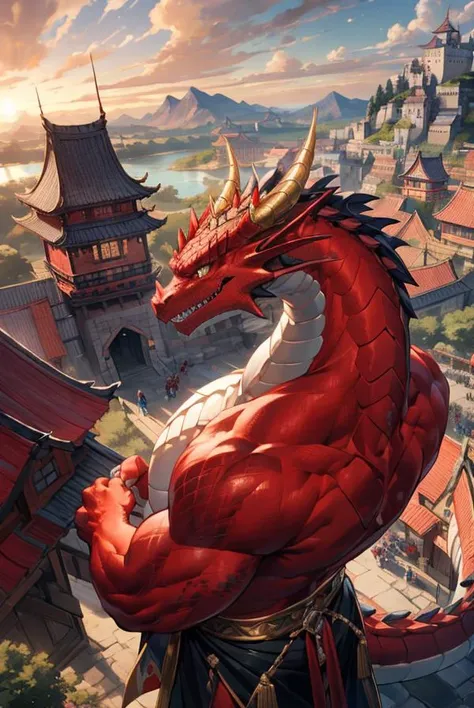 from font body,best quality,(masterpiece,ultra detailed 8k art),dragon,(fantasy,royalty),horns,handsome, golden eyes, looks at the viewer,noble costumes,1 dragon tail,Shiny scales, dignity,(anthro:1.5),(red body,dragon king male:1.25),best hands,China, from above, castle town,crowd, dawn,valley,Huge body