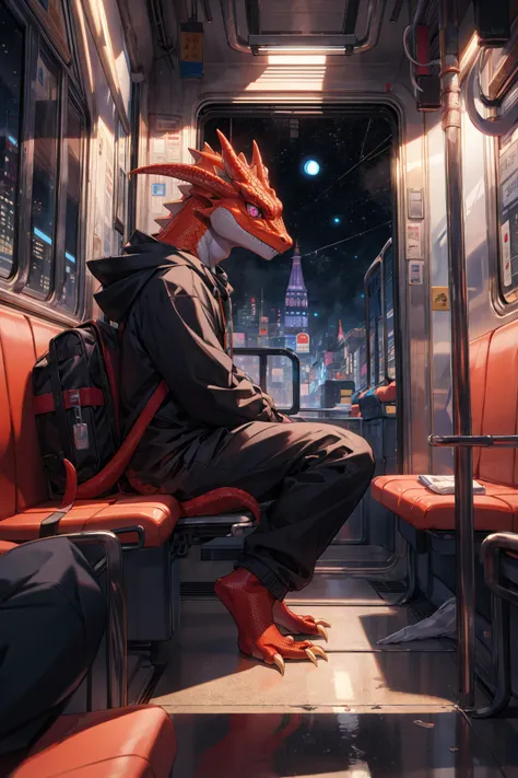 (From side below:1.5),best hands,best quality,(masterpiece,ultra detailed 8k art,fantasy),Inside the train, (kid,petite:1.32),sitting on a train seat,(focus red lizard boy,solo,lizard purple eyes,anthro,Looking out the window:1.2),scales,(halation,Full body:1.55),night,hug a backpack,look at the side window BREAK
 looking lonely,Black hoodie,alone, long horns, sad, night view,My image reflected in the window,metropolis