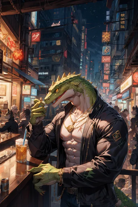 (From above),best hands,best quality, (official art:1.15),ultra detailed 8k art),fantasy,skyscraper,(upper body, focus green lizard man,lizard yellow eyes,anthro:1.2),(gangster,From front,scales),big tattoo on chest BREAK
(muscular:1.2) ,(intricately carved gold spikes), metropolis,night party,Drink a large glass of beer,lean on metal railing,(night bar),gold claw BREAK
 scary face,(close-up face),night view,A black jacket opens,golden chain necklace,old scar on half of face,(anthros crowd),neon light,roll up the sleeves