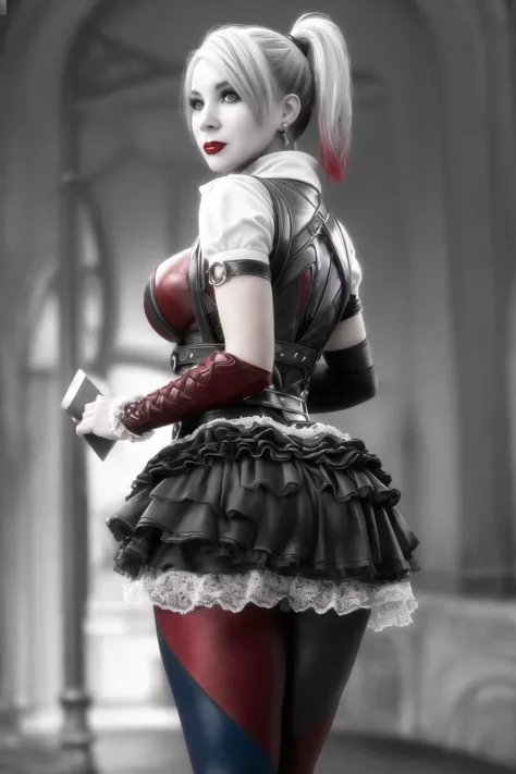 <lora:harley_quinn_ak:.6>, harley quinn ak, masterpiece, best quality, 1girl, solo, outdoors, blurry background, realistic, depth of field, night, city, gotham city, mature female, gothic architecture, dark setting, standing, toned, 4k, 8k, artstation, ass, ass focus, looking back, huge ass, skirt,