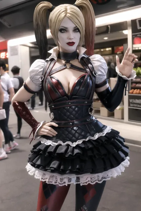 (masterpiece, best quality:1.2), <lora:harley_quinn_(batman_arkham_knight):1>, harley quinn (batman arkham knight), 1girl, solo, breasts, twintails, multicolored hair, blonde hair, makeup, pantyhose, cleavage, lipstick, red hair, skirt, medium breasts, red lips, two-tone hair, multicolored clothes, asymmetrical clothes, eyeshadow, nail polish, o-ring, layered skirt, large breasts, gradient hair, detached sleeves, frilled skirt, mismatched sleeves, belt, close-up, farmer's market, vegetables, organic, freshness