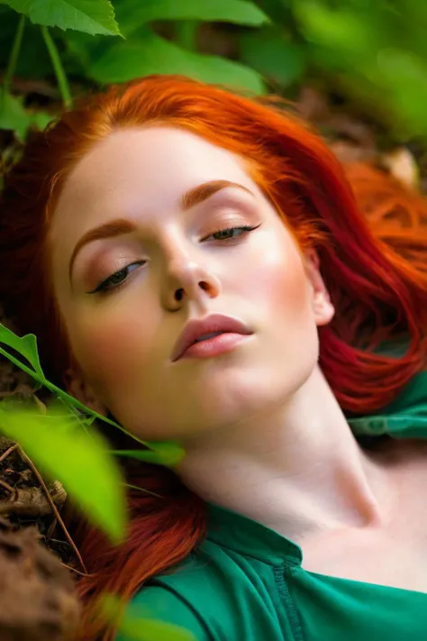 edgcg_woman (red-haired) lying on the ground, (nature's embrace), (earthy tones), (whisper of greenery), (outdoor tranquility),(natural lA Photography capturing the essence of a young cyborg woman with fiery red hair. Her face fills the frame, bathed in neon hues, exuding determination and mystery amidst a futuristic backdrop, <lora:afro_enhanced:0.1>