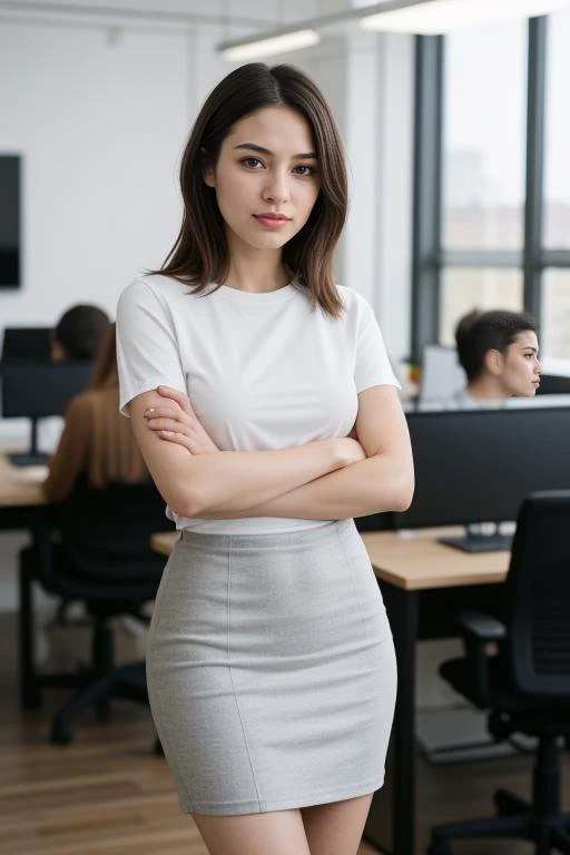 4. Young female entrepreneur (ethnicity: Caucasian, age: late 20s) in a trendy co-working space (setting: modern, collaborative). She's in smart-casual attire (fabric: comfortable, stylish) with her hair in a chic lob, and bright, confident makeup. She's pitching an idea (action: engaging, confident), her stance energetic and persuasive.