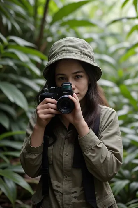8. Female wildlife photographer (ethnicity: White, age: mid-30s) in a dense rainforest (setting: natural, wild). She's in camouflaged outdoor gear (fabric: waterproof, green) with her hair under a hat, and no makeup. She's photographing exotic birds (action: patient, silent), her stance steady and unobtrusive.