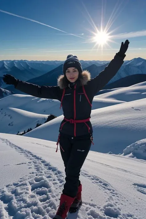 1. Female mountain climber (ethnicity: Caucasian, age: 30s) at the peak of a snow-covered mountain (setting: majestic, sunrise). She's wearing specialized climbing gear (fabric: insulated, weatherproof), with ice axes and safety ropes. Her hair is under a thermal beanie, and she has protective, minimal makeup. She's looking out over a breathtaking view (scenery: panoramic, snowy landscape), her pose triumphant and exhilarated.