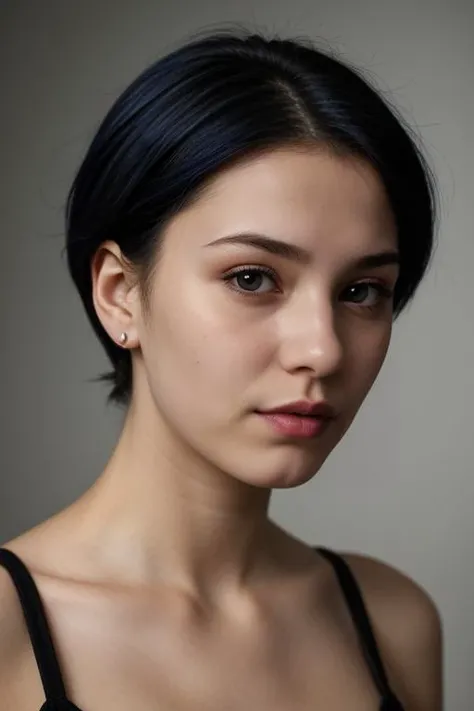 face portrait of a 20 years old woman , gothic short blue hair, ruby piercing