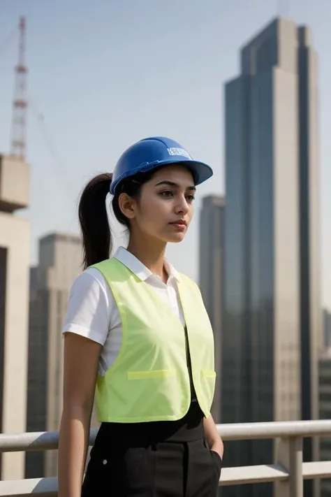 4. A young professional female architect (ethnicity: South Asian, age: early 30s) at a modern construction site (setting: urban development). She's dressed in smart, casual attire (fabric: durable, comfortable) with a protective hard hat and safety vest. Her hair is pulled back in a functional ponytail, and her makeup is minimal yet sharp. She's reviewing blueprints (detail: intricate) against the backdrop of the evolving skyline, her pose confident and visionary.
