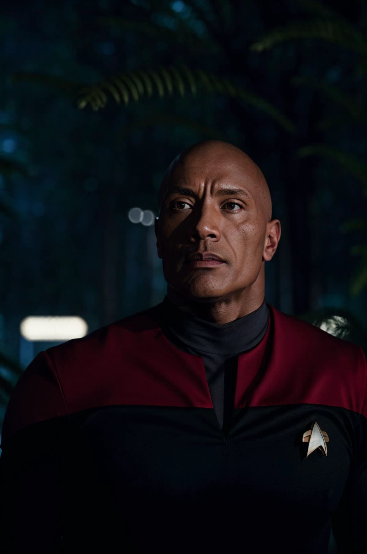 th3r0ck in voyunf red and black uniform,black sleeves,star trek badge,jungle,professional photograph of a stunning man detailed, sharp focus, dramatic, award winning, cinematic lighting, octane render, unreal engine, volumetrics dtx, ( bokeh, blurry foreground, blurry background), <lora:Voy6batchDebiasGold-000003:0.8><lora:TheRockV3:0.9>