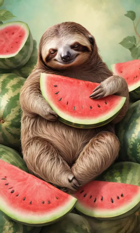 A sleepy sloth hugging a watermelon, soft digital painting, blending realistic textures with a dreamy background, peaceful and serene, capturing the sloth's gentle nature and the comforting roundness of the watermelon, a symbol of rest and nourishment.
