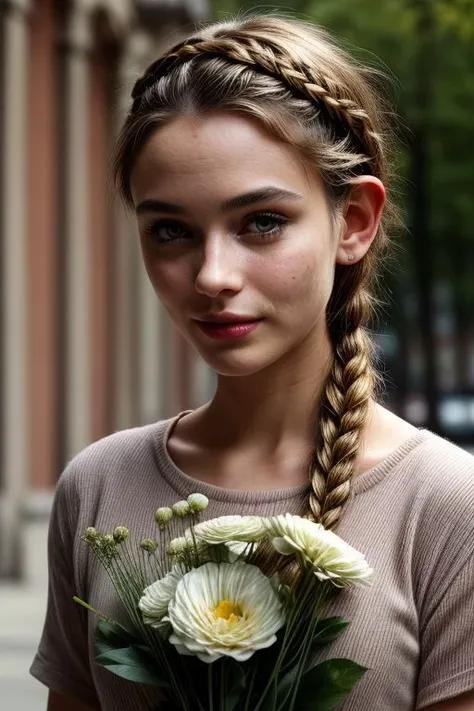 (high quality, best quality, masterpiece: 1.2), (1other, futa, girl, solo: 1.3), (warm summer morning: 1.1), (apocalyptic: 1.2), (fantasy world, elf: 1.2), (young florist :1.2), stands on the street with a bouquet of wildflowers, a bright sunny morning, birds are flying, the rays of the sun fall on the face, (very short braided hair: 1), (gentle facial expression: 1), (twilight rays: 1), ( skinny: 1), (under open club: 1.2), nsfw,